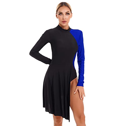 inlzdz Damen Tanzkleider Ballettkleid Seitenschlitz Eiskunstlauf-Kleid Langarm Gymnastikanzug Tanzbody Leotard mit Asymmetrischer Saum Rock Ballettkleidung Royal Blau M von inlzdz