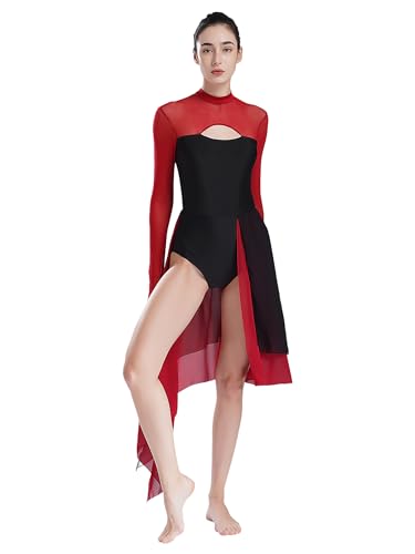inlzdz Damen Tanzkleider Turnbody Gymnastik Leotard mit Mesh Rock Ballettrock Langarm Ballettbody Rückenfrei Ballettanzug Turnanzug Burgundy M von inlzdz
