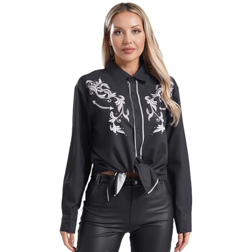 inlzdz Damen Vintage Western Cowboy Kostüm Langarm Bluse Button Oberteil Down Hemdbluse Freizeithemd Mottoparty Karneval Kostüm Typ A XXL von inlzdz