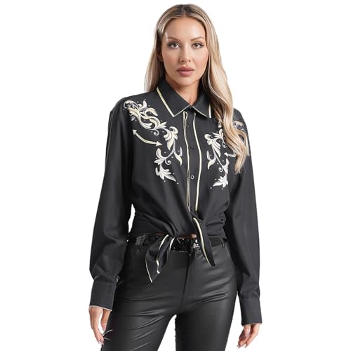 inlzdz Damen Vintage Western Cowboy Kostüm Langarm Bluse Button Oberteil Down Hemdbluse Freizeithemd Mottoparty Karneval Kostüm Typ B XXL von inlzdz