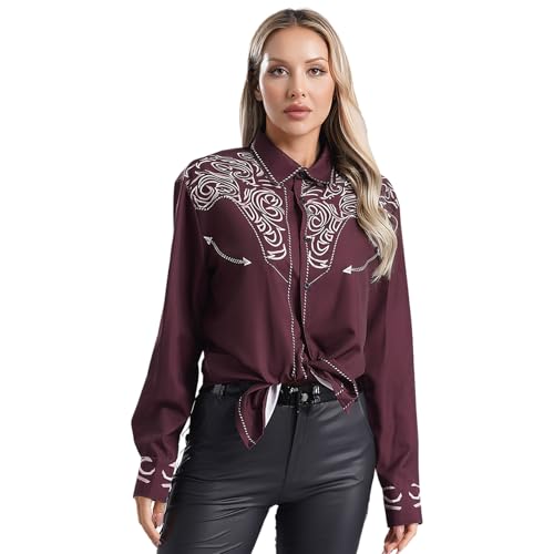 inlzdz Damen Vintage Western Cowboy Kostüm Langarm Bluse Button Oberteil Down Hemdbluse Freizeithemd Mottoparty Karneval Kostüm Typ F XXL von inlzdz