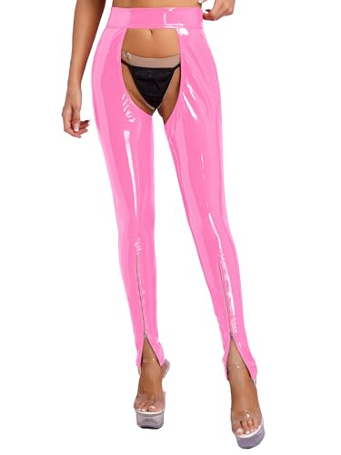 inlzdz Damen Wetlook Leggings Lederhose Glänzend Offen Ouvert-Hose Dessous Strumpfhose Pantyhose Lange Pants Reizwäsche Clubwear Schwarz F Rosa 3XL von inlzdz