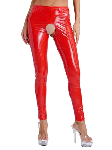 inlzdz Damen Wetlook Leggings Lederhose Glänzend Offen Ouvert-Hose Dessous Strumpfhose Pantyhose Lange Pants Reizwäsche Clubwear Schwarz G Rot L von inlzdz