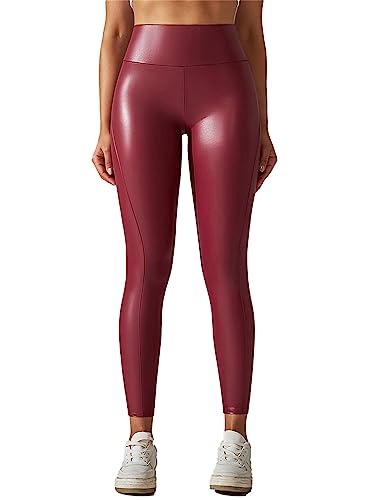 inlzdz Damen Wetlook Leggings Stretch Lederhose Glänzend Hohe Taille Bleistifthose Kunstleder Eng Hosen Skinny Miederpants Lange Pencil Pants Clubwear F Rot XL von inlzdz