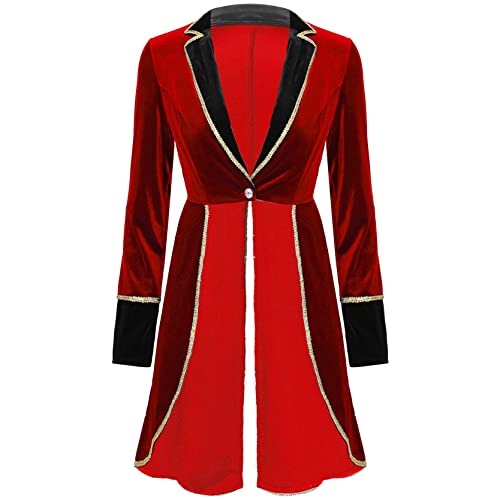 inlzdz Damen Zirkus Kostüm Langarm Blazer Jacke Zirkusdirektorin Smoking Mantel Faschingskostüm Halloween Karneval Cosplay Party Kostüm Rot 3XL von inlzdz