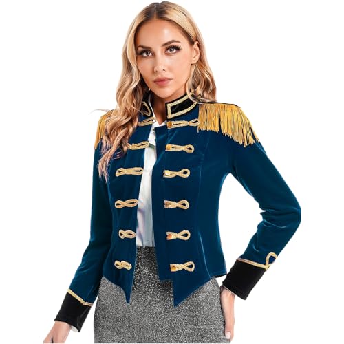 inlzdz Damen Zirkus Ringmaster Kostüm Halloween Cosplay Langarm Tailcoat Samt Board Jacke Mantel Zirkusdirektorin Sexy Faschingskostüm Weihnachten Karneval Dunkelblau A L von inlzdz