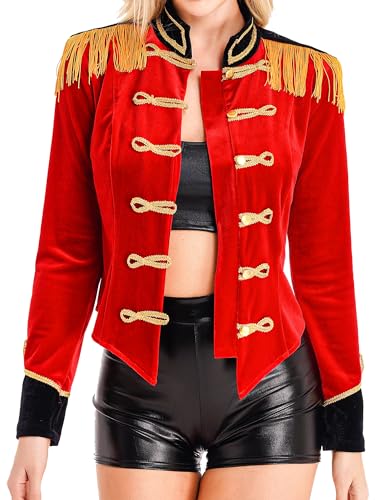 inlzdz Damen Zirkus Ringmaster Kostüm Halloween Cosplay Langarm Tailcoat Samt Board Jacke Mantel Zirkusdirektorin Sexy Faschingskostüm Weihnachten Karneval Rot A 3XL von inlzdz