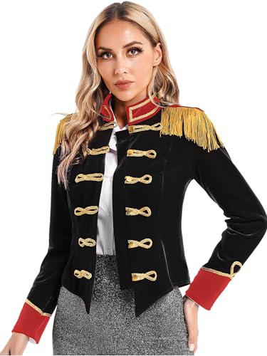 inlzdz Damen Zirkus Ringmaster Kostüm Halloween Cosplay Langarm Tailcoat Samt Board Jacke Mantel Zirkusdirektorin Sexy Faschingskostüm Weihnachten Karneval Schwarz A 3XL von inlzdz