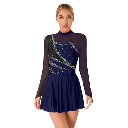 inlzdz Eiskunstlauf Kleid Damen Glitzer Tanzkleid Langarm Mesh Spleiß Gymnastik Leotard mit Netz Rock Ballett Trikot Ballettkleid Turnanzug für Eislauf/Eistanz Wettbewerb Kostüm M Dunkelblau S von inlzdz