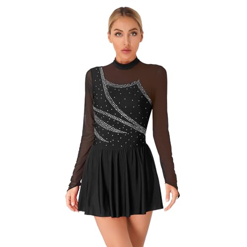 inlzdz Eiskunstlauf Kleid Damen Glitzer Tanzkleid Langarm Mesh Spleiß Gymnastik Leotard mit Netz Rock Ballett Trikot Ballettkleid Turnanzug für Eislauf/Eistanz Wettbewerb Kostüm M Schwarz XL von inlzdz