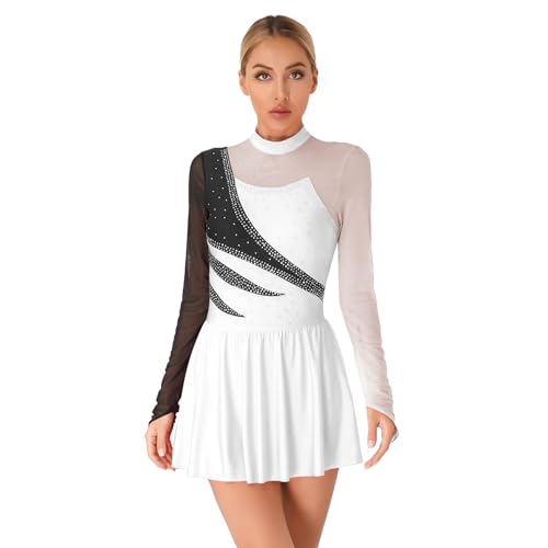 inlzdz Eiskunstlauf Kleid Damen Glitzer Tanzkleid Langarm Mesh Spleiß Gymnastik Leotard mit Netz Rock Ballett Trikot Ballettkleid Turnanzug für Eislauf/Eistanz Wettbewerb Kostüm M Weiß M von inlzdz