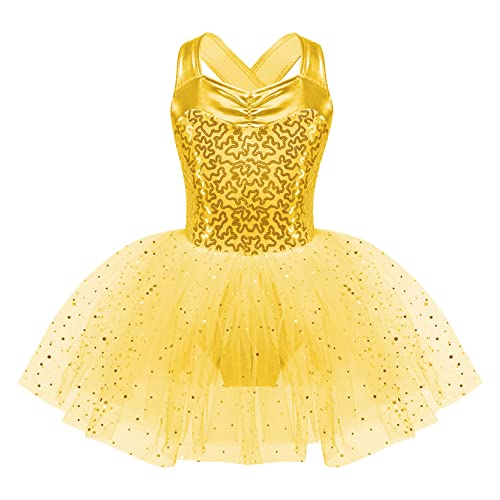 inlzdz Eiskunstlauf Kleider Mädchen Glänzende Pailletten Ballettkleid Ballettanzug Ärmellos Tanzkleid Turnbody mit Rock Tütü Ballettkleidung Dancewear Gold 158-164 von inlzdz