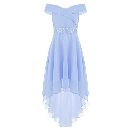 inlzdz Elegant Mädchen Chiffon Blumenmädchenkleider Schulterfrei Chiffon Partykleid Tüllkleid mit Perlengürtel Brautjungfernkleid Kommunionkleid Hochzeit Geburtstag Hellblau 146-152 von inlzdz