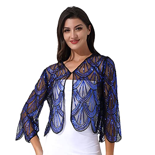 inlzdz Elegante Damen Pailletten Bolero Cardigan Langarm Strickjacke Spitze Kurzes Oberteil Achselzucken Schulterjacke Festlich Crop Top Cocktai Ball Partykleid Blau One Size von inlzdz