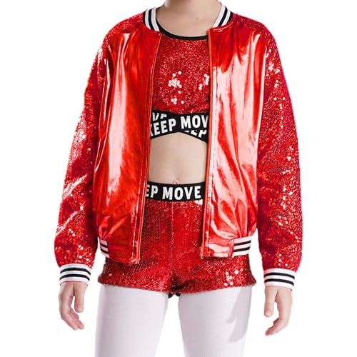 inlzdz Glänzend Jacke Kinder Mädchen Langarm Bomberjacke Cardigan Pailletten Jacke Mottoparty Tanz Kleidung Rot 146-152 von inlzdz