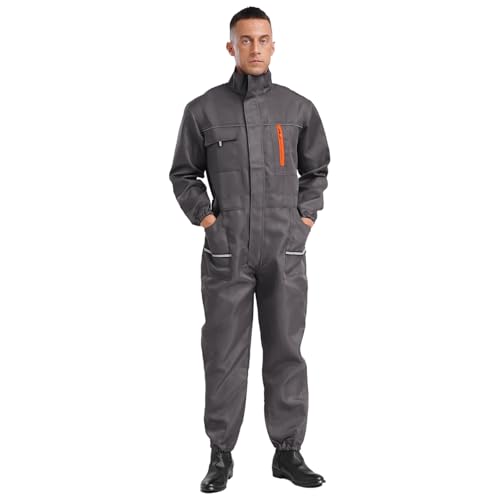 inlzdz Herren Arbeitsoverall Baumwolle Ganzkörperanzug mit Reißverschluss Einteiler Jumpsuit Overall Uniform Arbeitskleidung für Werkstatt Fabrik Grau 185/3XL von inlzdz