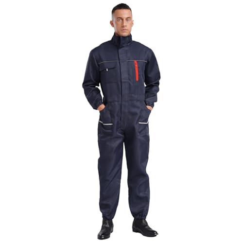inlzdz Herren Arbeitsoverall Baumwolle Ganzkörperanzug mit Reißverschluss Einteiler Jumpsuit Overall Uniform Arbeitskleidung für Werkstatt Fabrik Navy blau 190/4XL von inlzdz