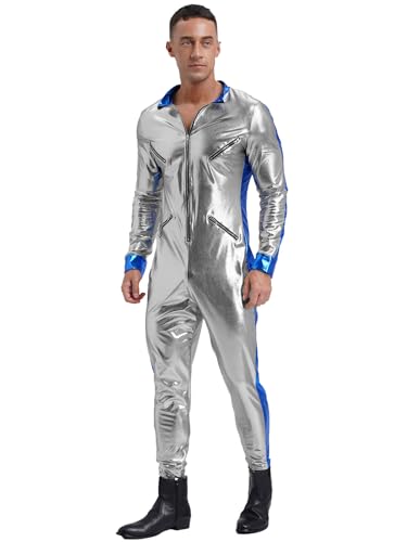 inlzdz Herren Astronaut Cosplay Spaceman Kostüm Metallic Jumpsuit Overall Glänzend Spaceman Rompers Catsuit für Halloween Karneval Silber 3XL von inlzdz