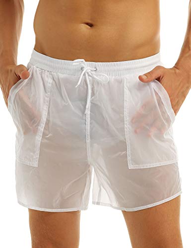 inlzdz Herren Badehose Halb-Transparent Badeshorts Kurze Hose Shorts Schwimmen Shorts Schnell Trocknend Strand Casual Shorts mit Taschen Weiß XL von inlzdz