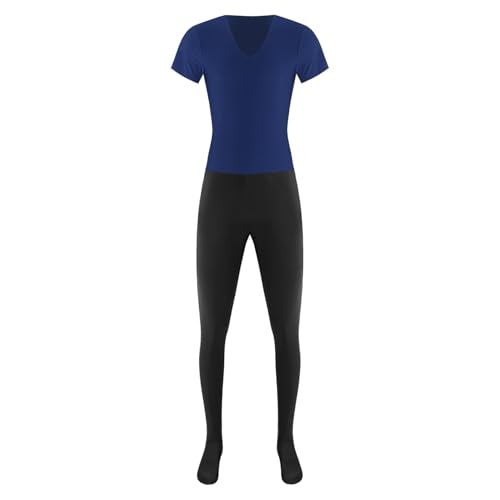 inlzdz Herren Ballettanzug Trikot Kurzarm Jumpsuit Overall mit V-Ausschnitt Unitards Einteiler Tanzbody Gymnastikanzug Männer Ballett Tanz Outfit Navy blau L von inlzdz