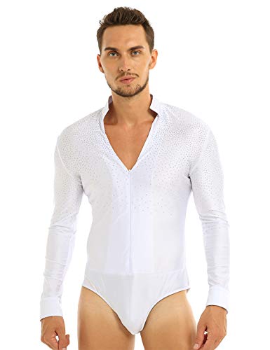 inlzdz Herren Body Langarm Bodysuit Giltzer Tanz-Body mit Strass Latein Standard Hemdbody Leotard Overalls Party Performance Tanzkostüm Weiß M von inlzdz