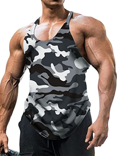 inlzdz Herren Camouflage Tank Top Sport Shirt Ärmellos Unterhemd T-Shirt Muskelshirt Gym Fitness Achselshirts Bodybuilding Training Shirt Trägershirt Sportwear Grau M von inlzdz