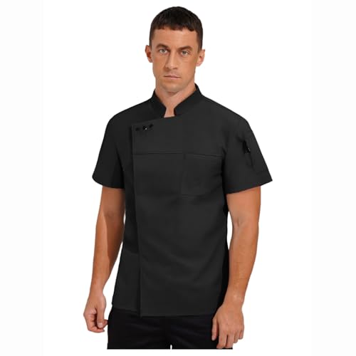 inlzdz Herren Chef Kochjacke Uniform Oberteil Jacke Kurzarm Kochmantel mit Druckknopf Gastronomie Arbeitskleidung für Restaurants Bäckerei Schwarz L von inlzdz