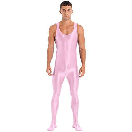 inlzdz Herren Ganzkörper Overall Ärmellos Einteiler Jumpsuit Bodysuit Gymnastikanzug Slim Fit Sportbody Männer Glossy Unterhemd Catsuit Clubwear Rosa M von inlzdz