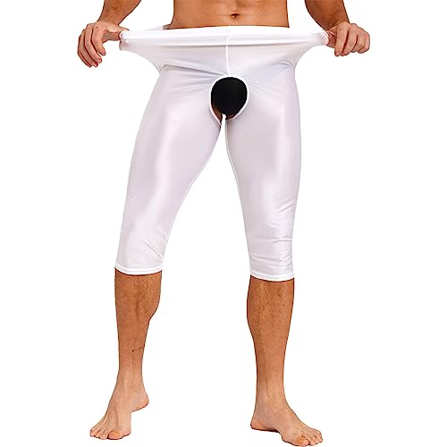 inlzdz Herren Glänzende Leggings Kurze Hosen Offen Schritt Unterwäsche Miederpants Blickdichte Feinstrumpfhose Glossy Unterhose Overt-Hose Pantyhose Weiß XL von inlzdz