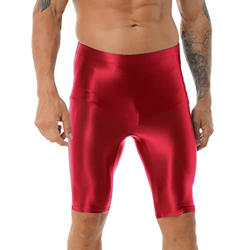 inlzdz Herren Glänzende Shorts Kurze Leggings Sporthose Glossy Strumpfhose Kompressionshose Hoher Taille Tights Trainingshose Bademode Rot XL von inlzdz