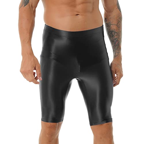 inlzdz Herren Glänzende Shorts Kurze Leggings Sporthose Glossy Strumpfhose Kompressionshose Hoher Taille Tights Trainingshose Bademode Schwarz M von inlzdz