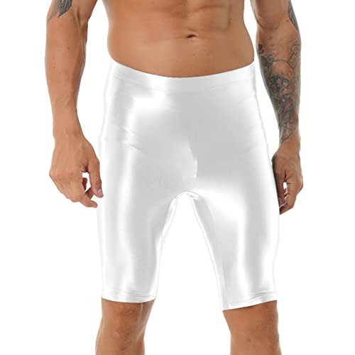 inlzdz Herren Glänzende Shorts Kurze Leggings Sporthose Glossy Strumpfhose Kompressionshose Hoher Taille Tights Trainingshose Bademode Weiß XL von inlzdz