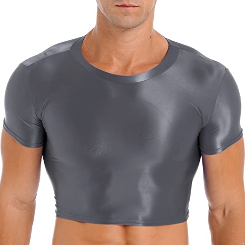 inlzdz Herren Glossy Crop Top Bauchfrei Kurz Oberteil Sportshirt Kurzarm Unterhemd Training Tank Top Glitzer Trainingsshirt Laufshirt Sportbekleidung Bademode Grau L von inlzdz