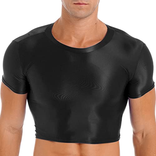 inlzdz Herren Glossy Crop Top Bauchfrei Kurz Oberteil Sportshirt Kurzarm Unterhemd Training Tank Top Glitzer Trainingsshirt Laufshirt Sportbekleidung Bademode Schwarz L von inlzdz