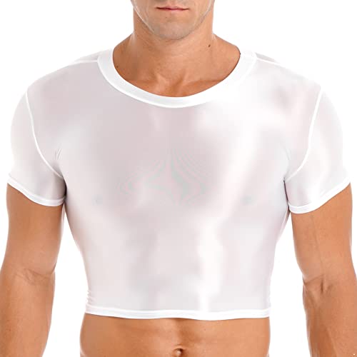 inlzdz Herren Glossy Crop Top Bauchfrei Kurz Oberteil Sportshirt Kurzarm Unterhemd Training Tank Top Glitzer Trainingsshirt Laufshirt Sportbekleidung Bademode Weiß XL von inlzdz