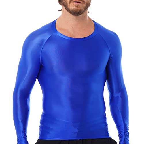 inlzdz Herren Glossy Unterhemd Sportshirt Glänzend Langarm Fitness Gym Training T-Shirt Muskelshirt Achselshirt Yoga Oberteil Langarmshirt Trainingsanzug Blau XL von inlzdz