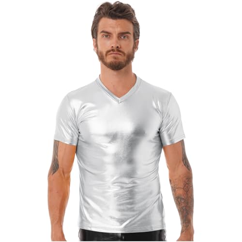 inlzdz Herren Hemd Metallic Glänzend T-Shirt Kurzarm/Langarm Silber Hemd 70er 80er Disco Party Kostüm V-Ausschnitt Schlankes Top Musik Festival Bronzing Nachtclub Top Type B Silver XL von inlzdz