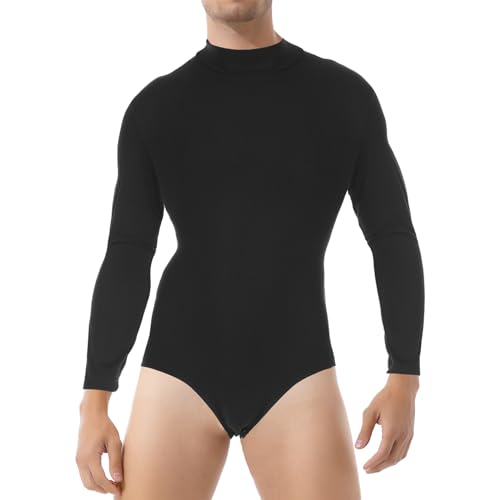 inlzdz Herren Jumpsuit Sportbody Langarm Unterhemd Henley Overall Stretch Ramper Männerbody Slim Fit Einteiler Bodysuit Unterwäsche Bodybuilding Schwarz M von inlzdz