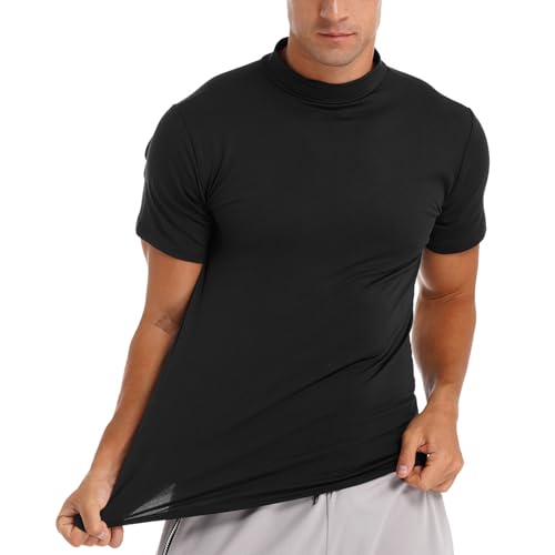 inlzdz Herren Kurzarm Unterhemd Basic T-Shirt mit Stehkragen Freizeitshirt Einfarbig Bluse Top Rundhals Muskelshirt Slim Kurzarmshirt Sommer Casual Shirts Schwarz XXL von inlzdz