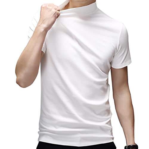 inlzdz Herren Kurzarm Unterhemd Basic T-Shirt mit Stehkragen Freizeitshirt Einfarbig Bluse Top Rundhals Muskelshirt Slim Kurzarmshirt Sommer Casual Shirts Weiß M von inlzdz