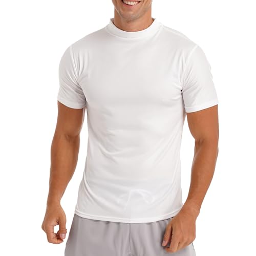 inlzdz Herren Kurzarm Unterhemd Basic T-Shirt mit Stehkragen Freizeitshirt Einfarbig Bluse Top Rundhals Muskelshirt Slim Kurzarmshirt Sommer Casual Shirts Weiß XL von inlzdz