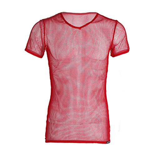 inlzdz Herren Kurzarm Unterhemd Mesh T-Shirt Transparent Muskelshirt Sexy Unterwäsche Erotik Dessous GOGO Clubwear Rot XL von inlzdz