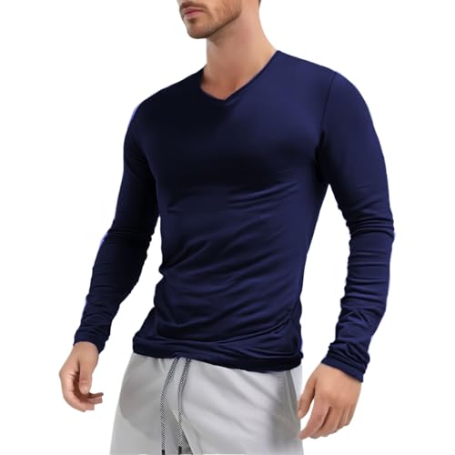 inlzdz Herren Langarmshirt V-Ausschnitt Slim T-Shirt Langarm Unterhemd Sweatshirt Biker Pullover Männer Longsleeve Pulli Bluse Casual Tops Dunkelblau M von inlzdz