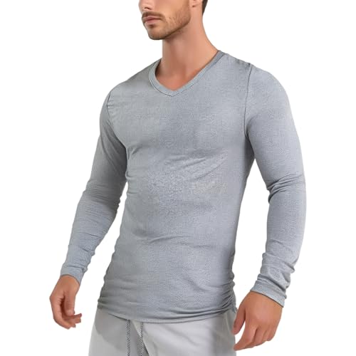 inlzdz Herren Langarmshirt V-Ausschnitt Slim T-Shirt Langarm Unterhemd Sweatshirt Biker Pullover Männer Longsleeve Pulli Bluse Casual Tops Grau L von inlzdz