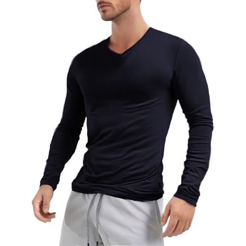 inlzdz Herren Langarmshirt V-Ausschnitt Slim T-Shirt Langarm Unterhemd Sweatshirt Biker Pullover Männer Longsleeve Pulli Bluse Casual Tops Schwarz L von inlzdz