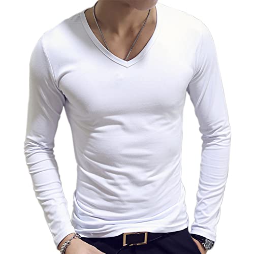 inlzdz Herren Langarmshirt V-Ausschnitt Slim T-Shirt Langarm Unterhemd Sweatshirt Biker Pullover Männer Longsleeve Pulli Bluse Casual Tops Weiß L von inlzdz