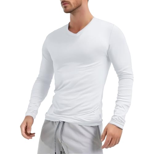 inlzdz Herren Langarmshirt V-Ausschnitt Slim T-Shirt Langarm Unterhemd Sweatshirt Biker Pullover Männer Longsleeve Pulli Bluse Casual Tops Weiß XL von inlzdz