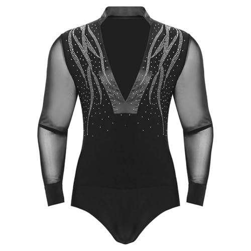inlzdz Herren Latein Hemd Tanz Oberteil Hemd Langarm V-Ausschnitt Hemdbody mit Strass Tanzbody Leotard Standard Dance Ballroom Outfit Schwarz L von inlzdz