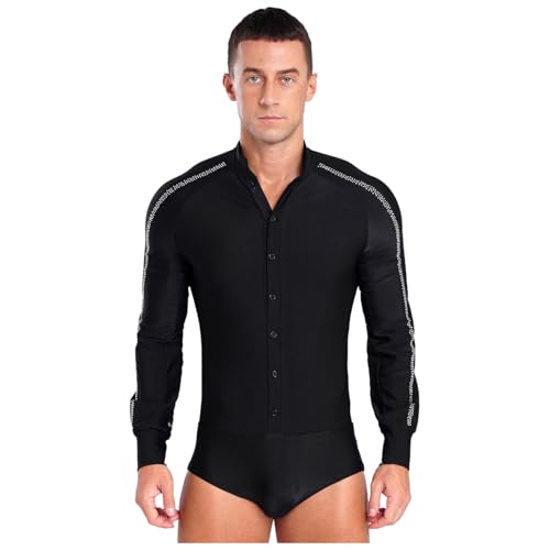 inlzdz Herren Latein Hemd Tanz Oberteil Langarmshirt Trikot Leotard Hemdbody mit Strass Standard Jazz Tanz Kostüm Wettbewerb Ballroom Schwarz S von inlzdz