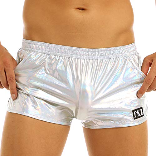 inlzdz Herren Metallic Boxershorts Kurz Boxer Shorts Männer Unterhose Trunk Badeshorts Wetlook Unterwäsche Dessous Reizwäsche Clubwear Silber Large von inlzdz